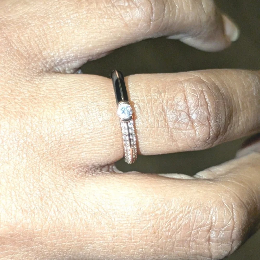 Women's 925 Sterling Silver Pavé BlackGolden Dual Cubic Zirconia Dainty Ring Sz6